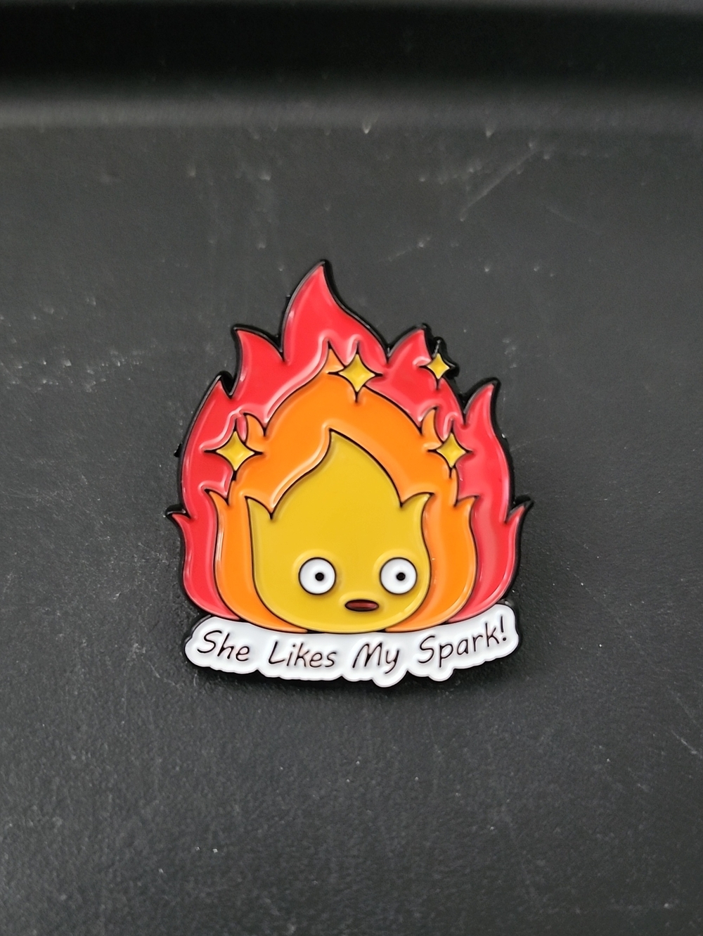 Cute Yellow & Red Flame Enamel Pin - 'She Likes My Spark!'